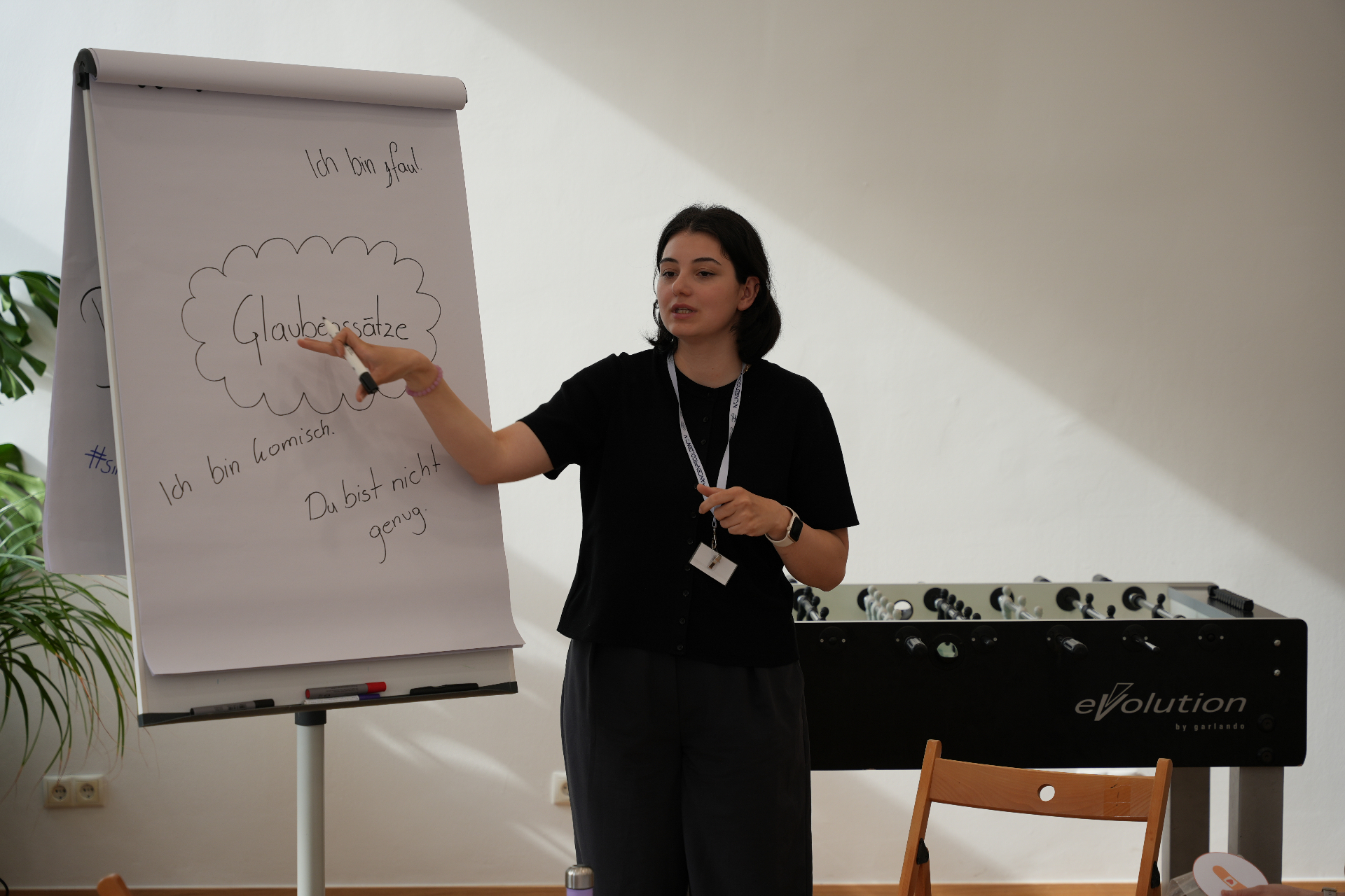 Tekla erklärt Glaubenssätze am Flipchart